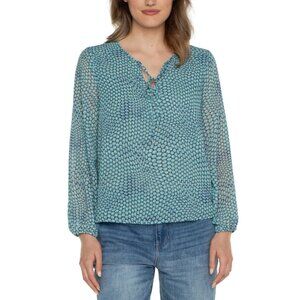 Liverpool Women's Ocean Blue Dot Long Sleeve Shirred Back Tie Front Top Size XS
